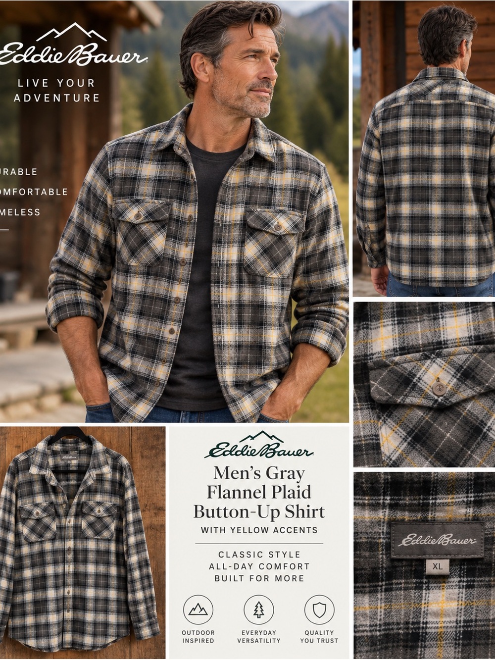 Eddie Bauer Gray FLANEL Plaid Button-Up Shirt with Yellow Accents XL